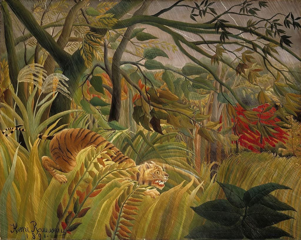 Henri Rousseau's painting Surprised!: a tiger crouching in the tall grass of a jungle during a storm, teeth bared.